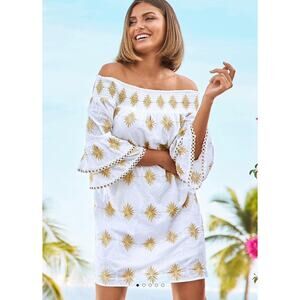 Boston Proper Metallic Detail Off The Shoulder Mini Dress White